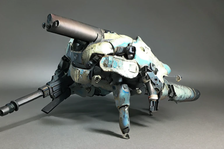 artillery gun, mechanical legs, armored, light blue painted heavy armor, gun, artillery, mobile gun, walking gun, non-human, machine, robot, automaton, military, beetle, Soviet, skull-like, multiple legs, bug legs, four legs, big gun, skull like, many legs, non humanoid, gun emplacement, fortification, mobile fortification, one gun, main gun, one large gun, only one gun, insectoid, exeskeleton style:0.3