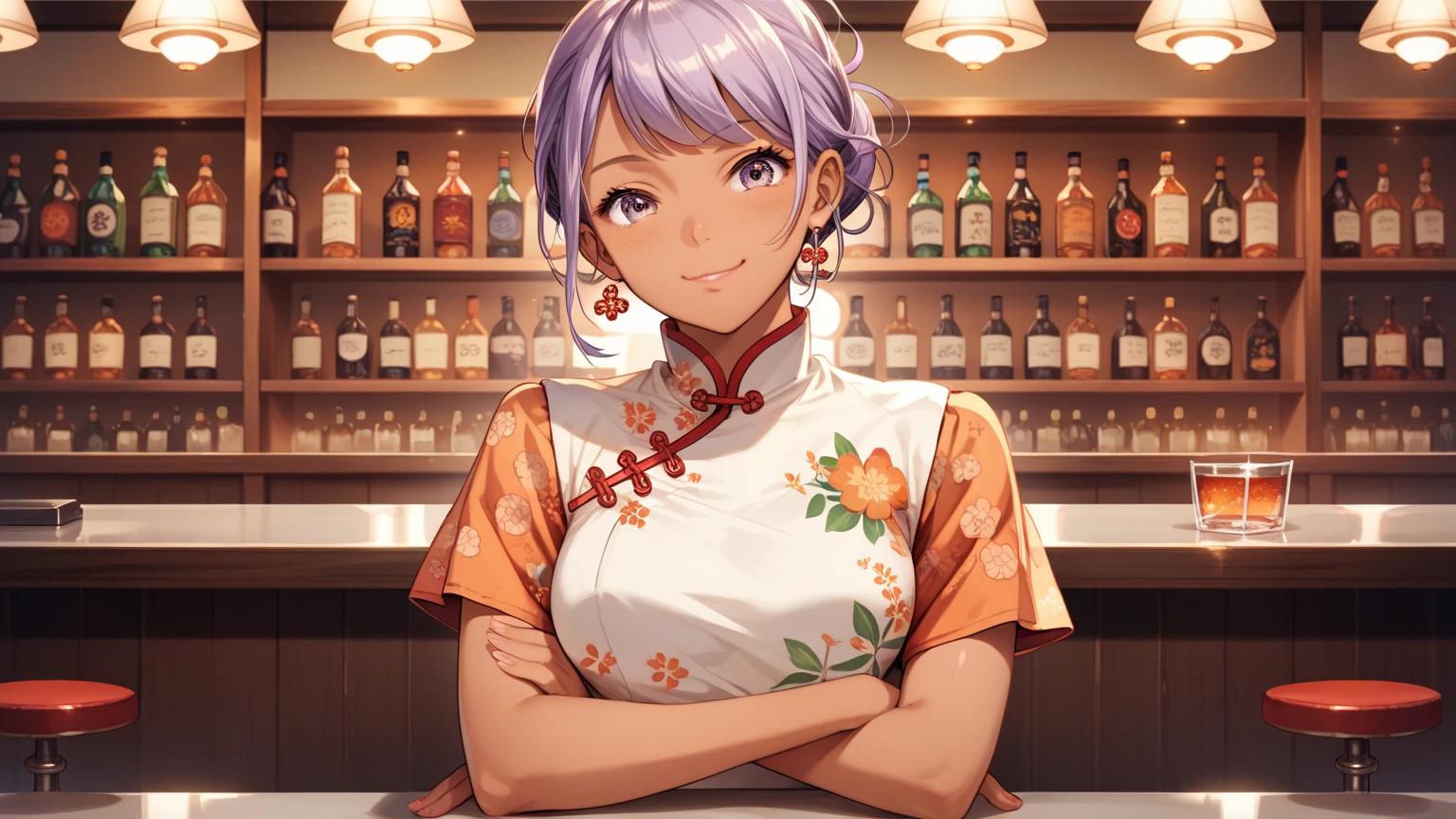 rating_safe, score_9, score_8_up, score_7_up, source_anime, masterpiece, best quality, solo, 1girl, wondering face, firm breasts(she is wearing pastel purple hugging cheongsam,orange floral , tan) ( standing, bar counter,front shot view), lough bar Tokyo, (Japan), best quality, 8k,