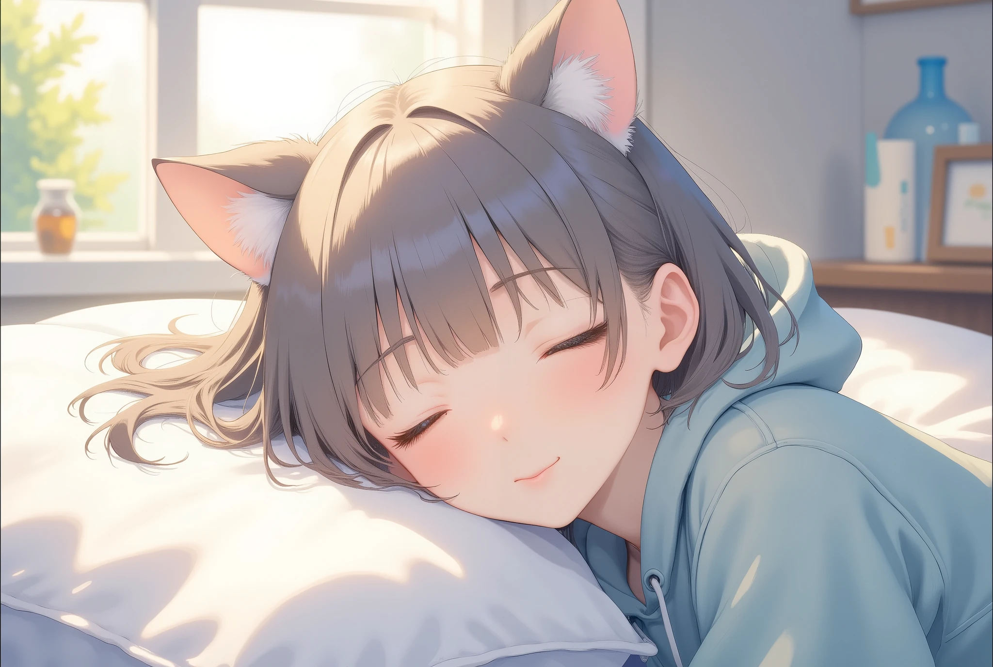 (masterpiece:1.2,EXCEPTIONAL QUALITY ,Mirror finish, Cinematic Experience, best illustration ),8k,16k,(wallpaper),(Cat ear girl:2.0),(anime:2.0),(グレーのスウェットパーカーを着たCat ear girl:2.0),(ベッド:2.0),(あくびをする:2.0),(Looks sleepy:2.0),(morning),(Warm sunshine shining through the window :2.0),(Healing:2.0), Very simple design ,(animeアートワーク:2.0),(Cute design:2.0)