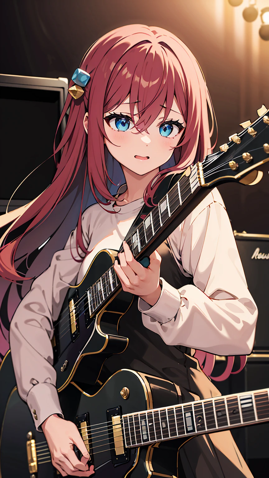 masterpiece,  top quality ,  high res,  girl 、 shortcuts、Burgundy hair color bangs,  Hair between eyes ,  Long Sleeve ,  stage, Hold a musical instrument , guitar,