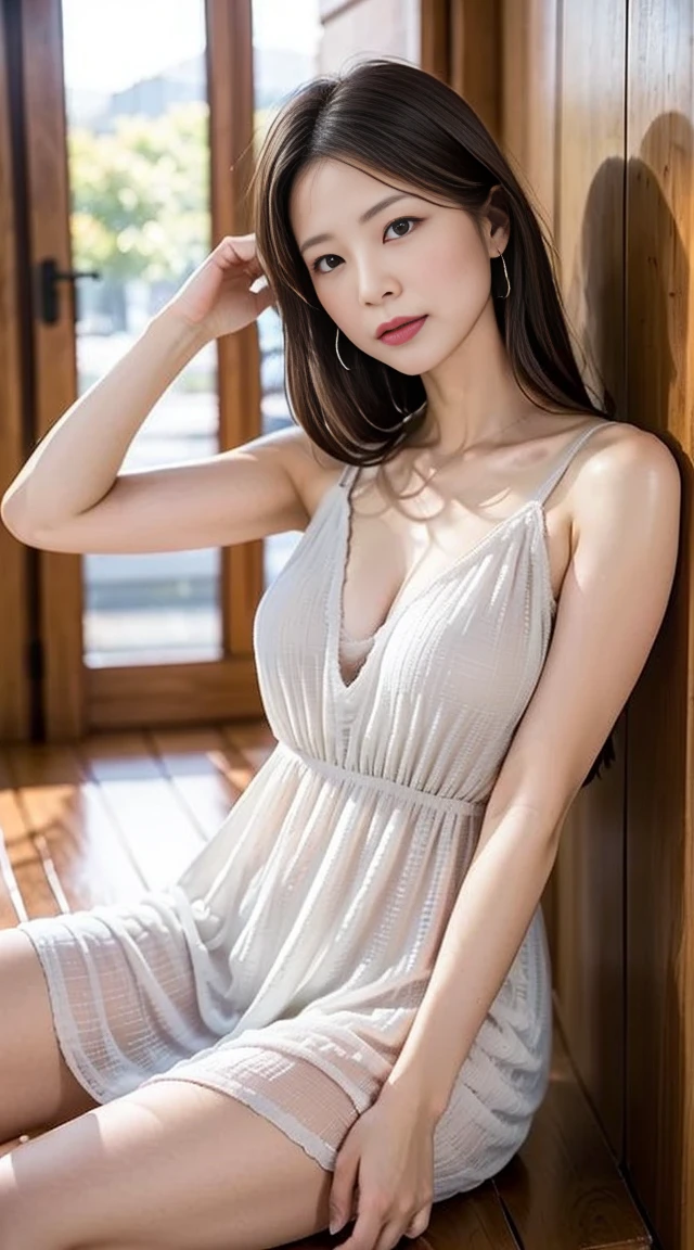 ((最high quality, 8K, masterpiece: 1.3, Ultra HD, high quality, 最high quality, High resolution, realism)) 、(high color saturation:1.0), (highly detailed skin), (最high quality:1.0), (超High resolution:1.0) ,(realistic:1.0), (Super detailed:1.0), (8K, Raw photo:1.1), slender、Slender, muscular body that&#39;s toned like an athlete&#39;s、I don&#39;t want my head to disappear from the screen.、Accessorize your wrist、Wearing red nail polish、I have a peticure、25 year old white woman、platinum blonde、blue eyes、long hair、hair above one eye、smile、Wearing lace-decorated tops that show off your cleavage、side panel pants((side panel pants))Wear、light smile、Pastel blue background