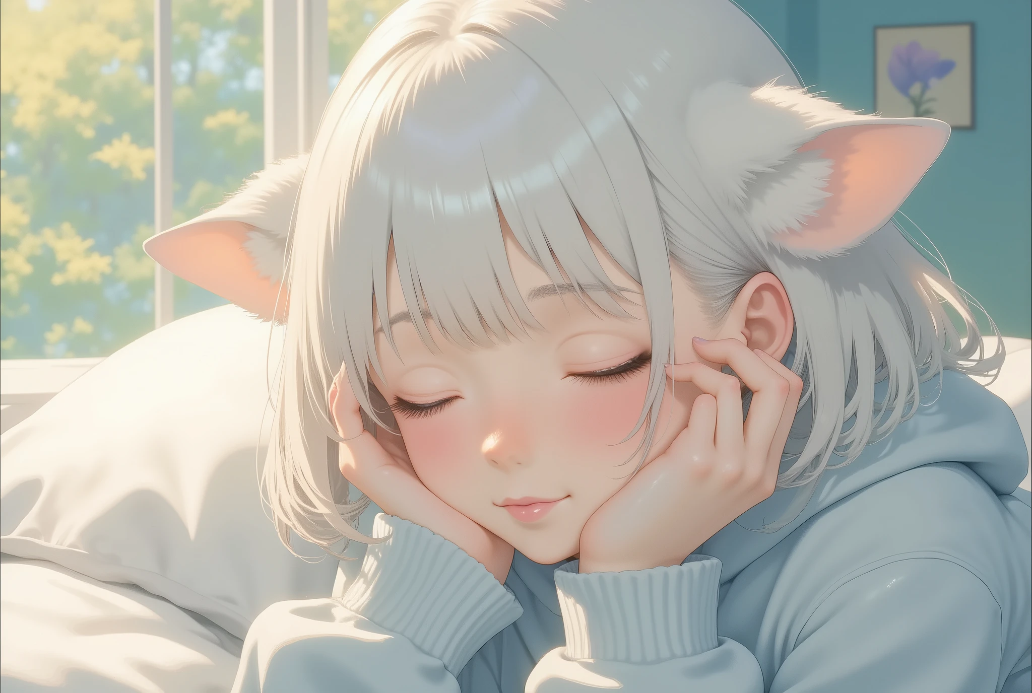 (masterpiece:1.2,EXCEPTIONAL QUALITY ,Mirror finish, Cinematic Experience, best illustration ),8k,16k,(wallpaper),(Cat ear girl:2.0),(Cat girl:2.0),(anime:2.0),(Cat ear girl wearing grey sweatshirt hoodie:2.0),(Lying on the bed :2.0),(Looks sleepy:2.0),(morning),(Warm sunshine shining through the window :2.0),(Healing:2.0), Very simple design ,(anime artwork:2.0),(Cute design:2.0),(顔のアップ:2.0)
