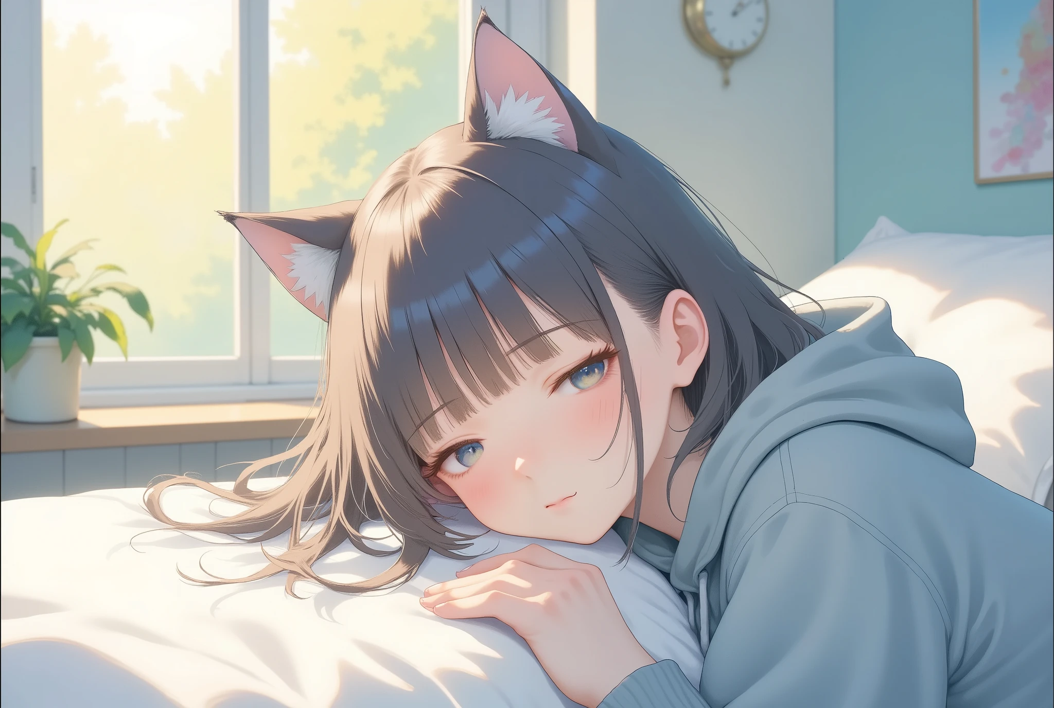 (masterpiece:1.2,EXCEPTIONAL QUALITY ,Mirror finish, Cinematic Experience, best illustration ),8k,16k,(wallpaper),(Cat ear girl:2.0),(anime:2.0),(グレーのスウェットパーカーを着たCat ear girl:2.0),(ベッド:2.0),(あくびをする:2.0),(Looks sleepy:2.0),(morning),(Warm sunshine shining through the window :2.0),(Healing:2.0), Very simple design ,(animeアートワーク:2.0),(Cute design:2.0)