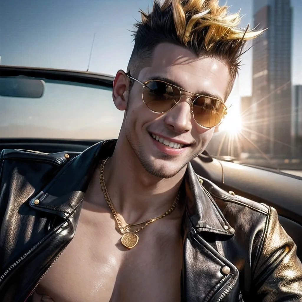 masterpiece, best quality, ultra-detailed, realistic, (1man, gold mohawk, smile:1.3),(black leather jacket),(sunglass),(nacklace), (convertible car:1.4), BREAK (cinematic lighting:1.3)