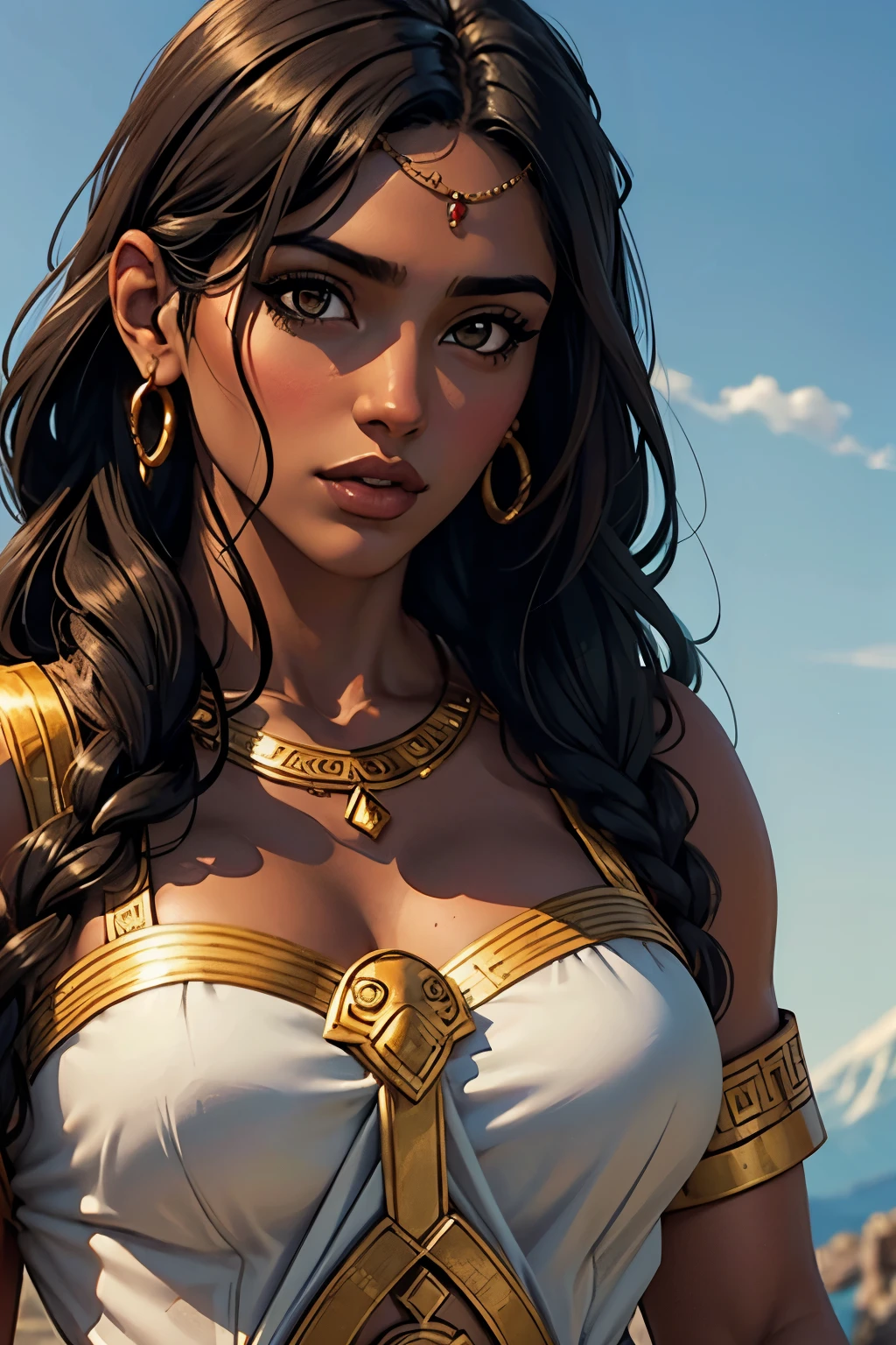 Beautiful woman with brown skin, long black hair, dressed in an ancient greek tunic, on mount Olympus, Greek God, Seductive, High Resolution, Masterpiece, Accurate, Anatomically Correct, Award Winning, Detail, Simple background, Close-Up, 