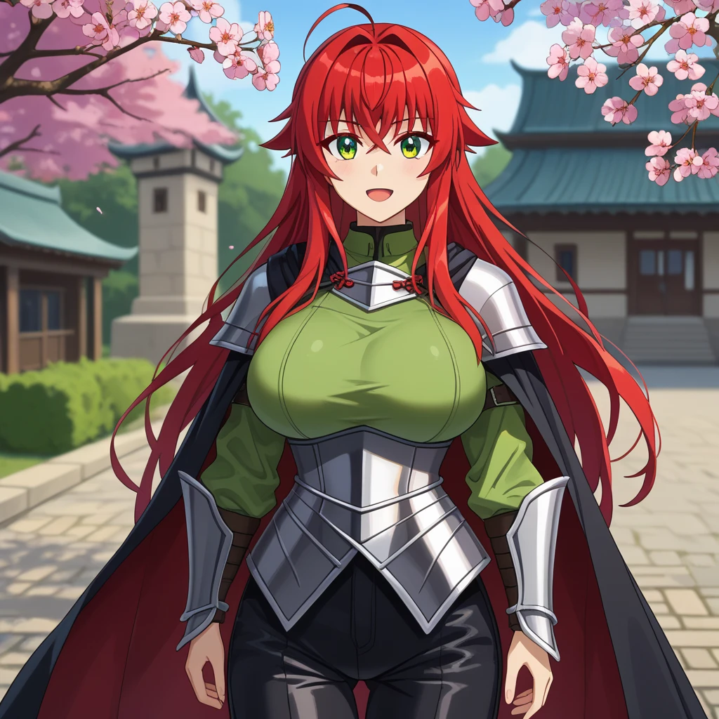  score_9,
1 girl, Alone,  open the mouth,  light smile, light blush,
 long hair,  red hair, green eyes, choke,  Crossed bangs,
riasgremory, black cape, lime green shirt,  long sleeves, long pants, black pants
en pie,  looking at the viewer,  cowboy shot,  gap between thighs,
 blurry background ,  outdoor, school,  cherry blossoms , busty, armor, latex pantx, armor knight 