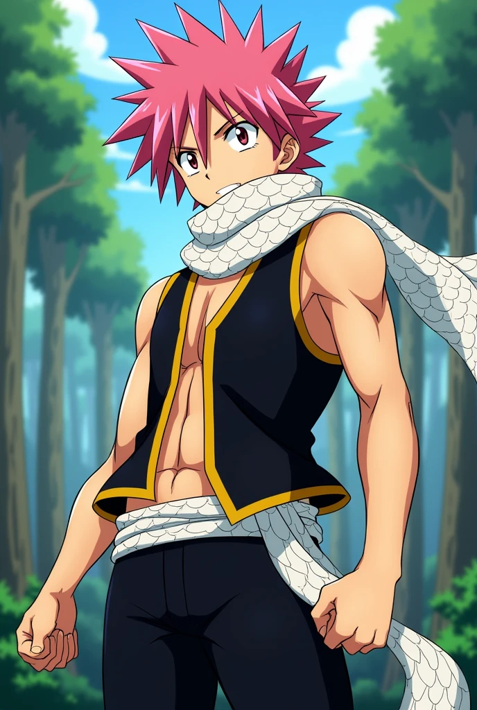 masterpiece, best quality red eyes, game cg, 1boy, solo, male focus, looking at viewer, upper body, Natsu Dragneel natsu_dragneel, pink hair, red eyes, shirtless naked, toned muscle, pectorals, 8 abs, toned legs, naked, slightly bulged, camping in forest, detailed, dynamic lighting, well lit, ((white scarf ))