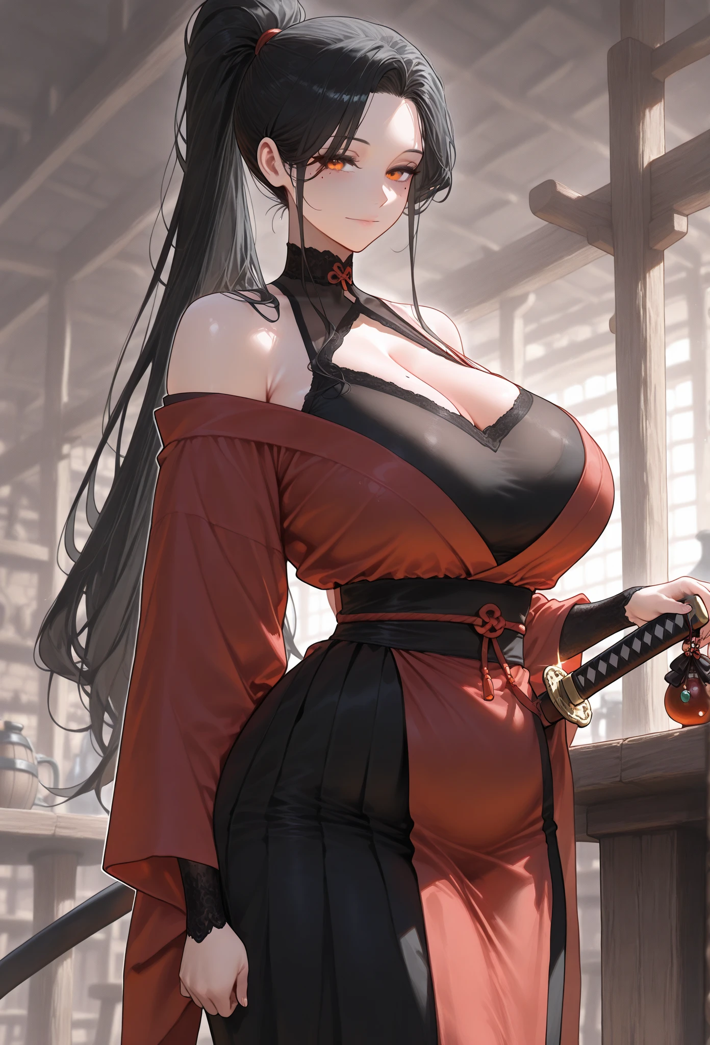 (masterpiece, high resolution, 2k resolution, best quality), (1girl, perfect anatomy, perfect face),
((black hair), long hair, ponytail), (orange eyes, perfect eyes),
red oriental kimono, (black Sheer Panel), sheer cleavage:1.5), Narrow shoulders,
((standing, Tavern),
(expressionless, light smile, mole under eye),
(solo, 1girl), huge body, medium chest, mature woman, (white outline, 6px outline width,
katana