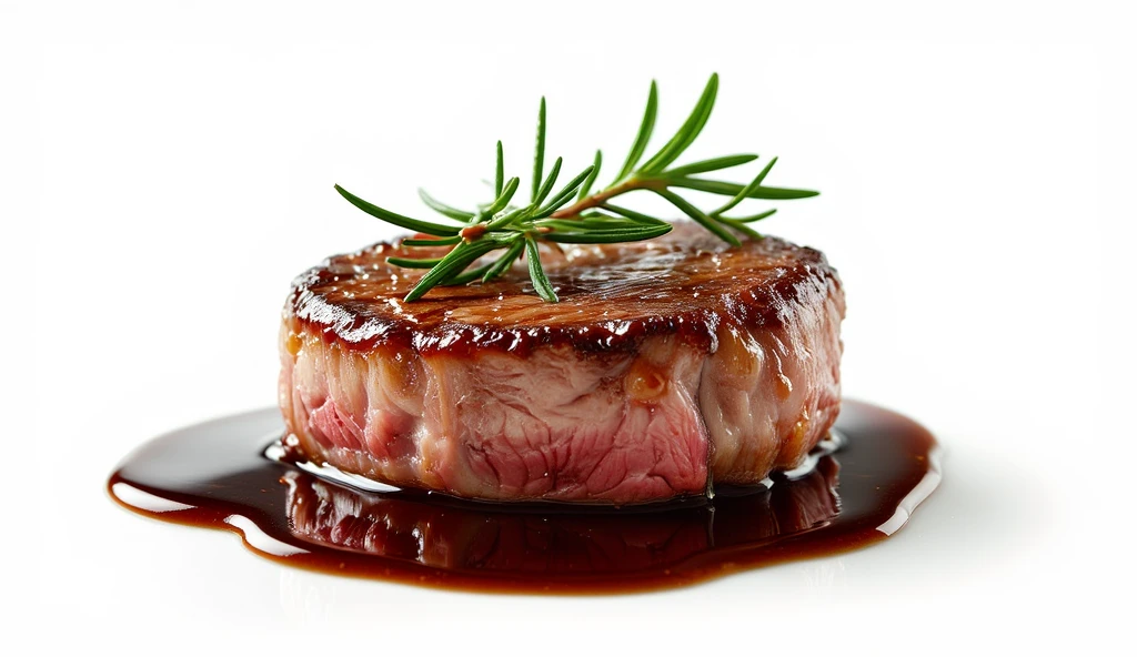 A highly detailed, high-resolution image of a perfectly cooked filet mignon steak, juicy and appetizing, with a golden-brown crust on the outside and a tender, medium-rare interior. The steak is garnished with fresh rosemary and a drizzle of rich brown sauce. The background is either completely white. There is no dish in the image. Masterpiece quality, ultra-HD, realistic and visually appealing details.