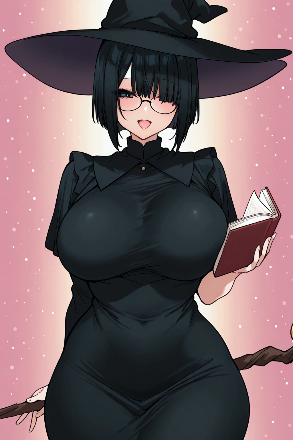 Doujin panels, manga page,Solo, girl,glasses, black dress, black witch hat, black hair bob cut, long bangs, eyes covered by hair, smile, big breasts, beautiful hips, staff in hand, beautiful waist, anime quality, looking for a book, open mouth, high quality, feminine, perfect, comic manga PonyXL