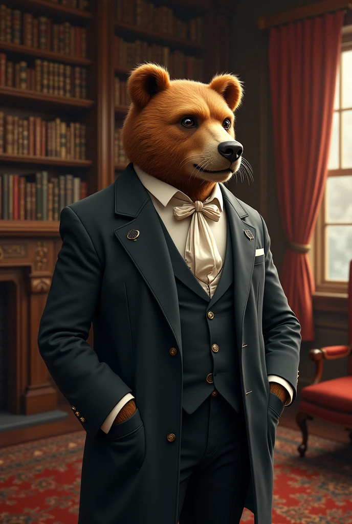 Brown bear in a suit with a cigar in his mouth
