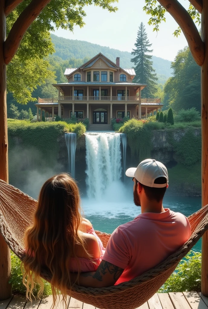 HDR photo, (medium shot , back view) of two lovers touching tenderly, detailed face, located in a romantic scene at a beautiful treehouse in the woods during twilight with starry weather, illuminated by golden sunset, creating a passionate atmosphere, Masterpiece,best quality, photo, realistic, very aesthetic,