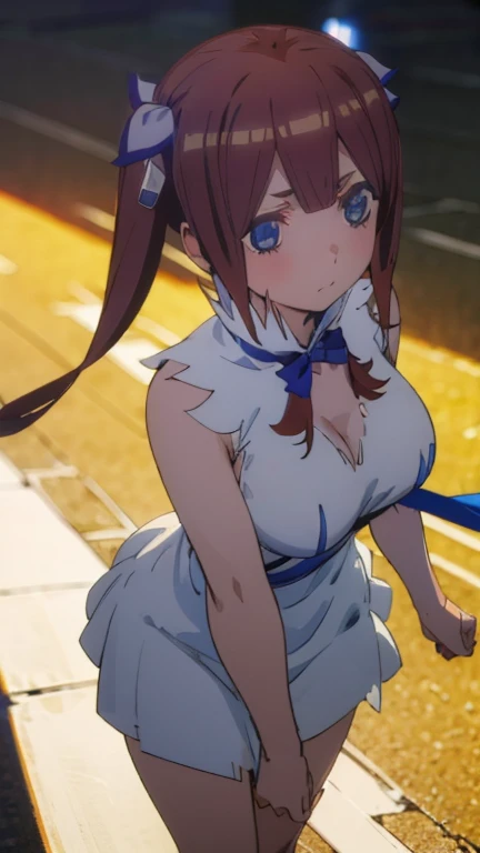 cute girl, miku nakano, nice body,  loose hair tilted to the left, with a white dress, with a blue ribbon running across her chest, ropa de hestia. 