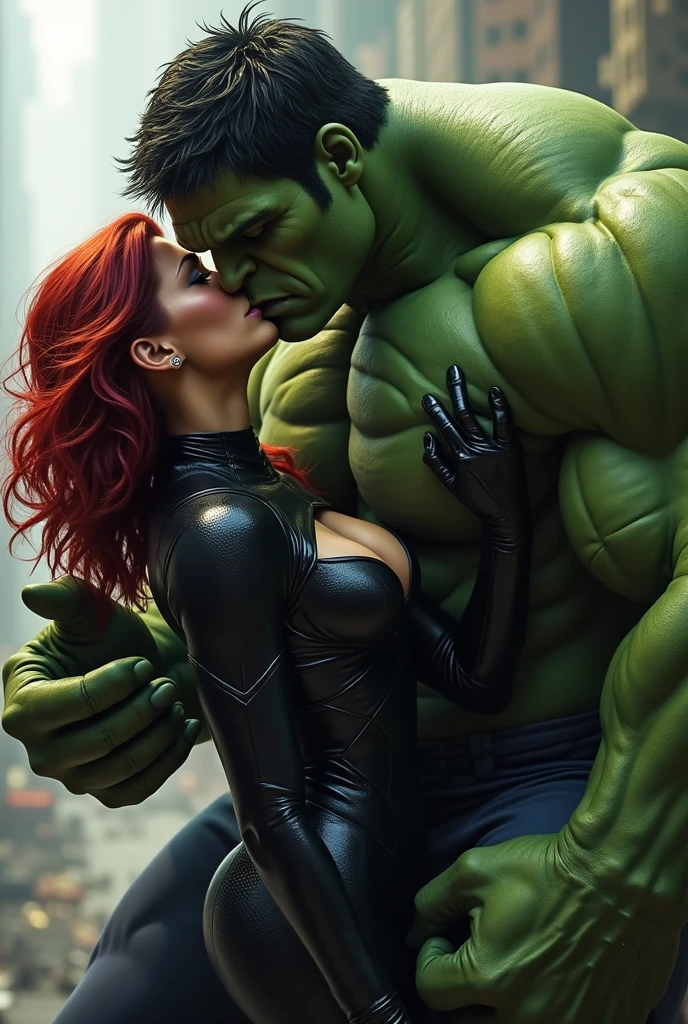 A stunning portrait of the incredible hulk and black widow, kissing, French kissing, tongues touching, they are kissing, young and beautiful, hyper realistic, real portrait, backlit, exquisite features, cleavage, ???????, hulk is twice as tall as black widow, hulk is massive, he is humongous, 