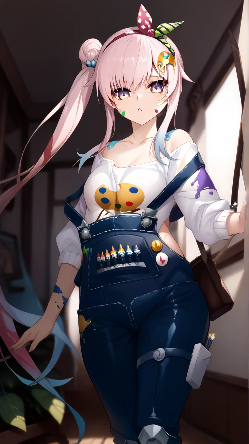 Iofi1st, long hair, pink hair, overalls, side ponytail, paint splatter, purple eyes, shirt, hair bun, white shirt, multicolored hair, hairband, bangs, gradient hair, blue hair, collarbone, single hair bun, single side bun, hair ornament,taimanin suit