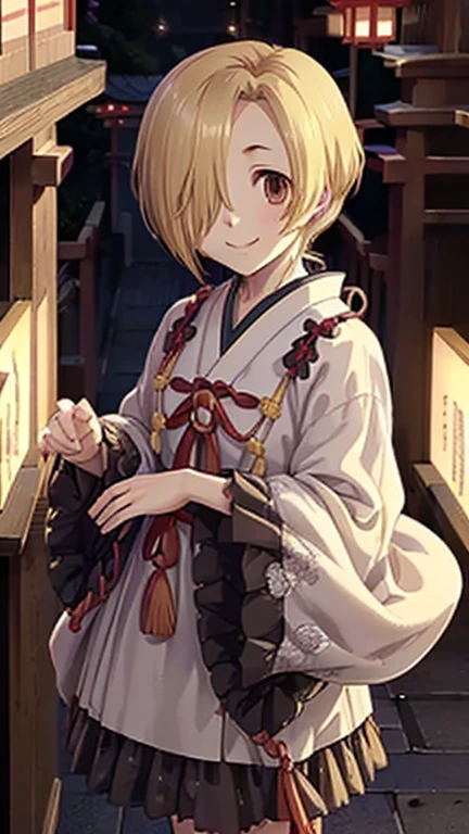 masterpiece,  top quality ,  high res,  very detailed,(((Koume Shirazaka ))), (((smile)))、((( wearing a shrine maiden costume))), (((Around town))), ((( Women。))), (((crowd))), ((( One Girl ))), (((Alone))), ((( blondes))), ((( short hair))), ((( hair covering one eye )))