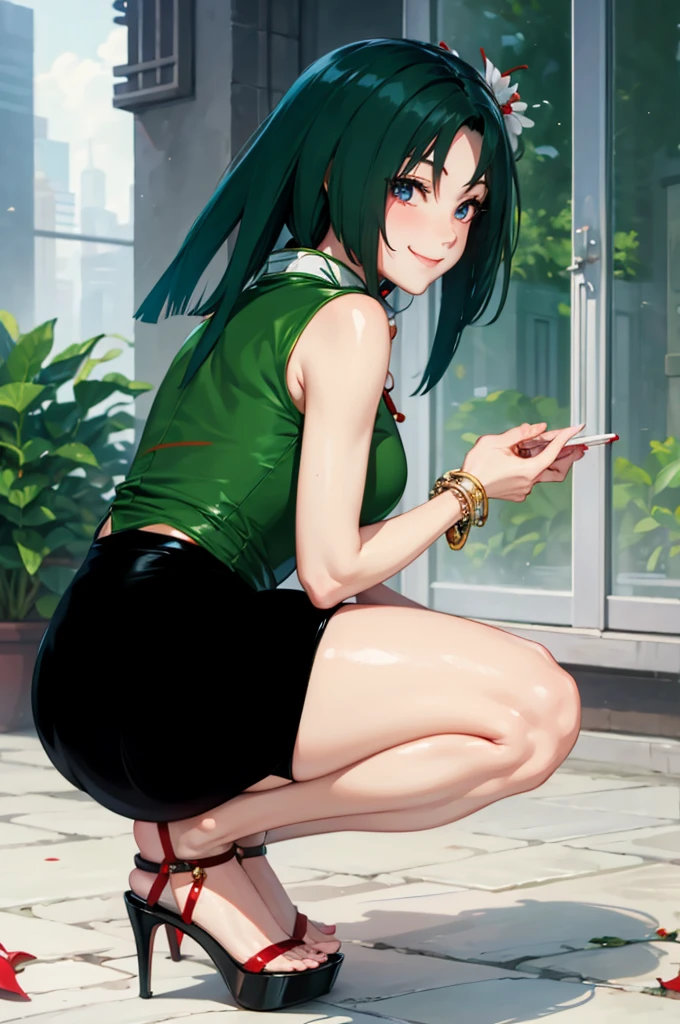 masterpiece,  STUNNING REALISTIC,  Best Quality , Sharp, 1 girl, with a smile，， red sleeveless half-body cheongsam，White leather cropped trousers，Umbilical cord, groin,，bracelet,Big ，open toe ，barefoot high heels，Sakura Haruno