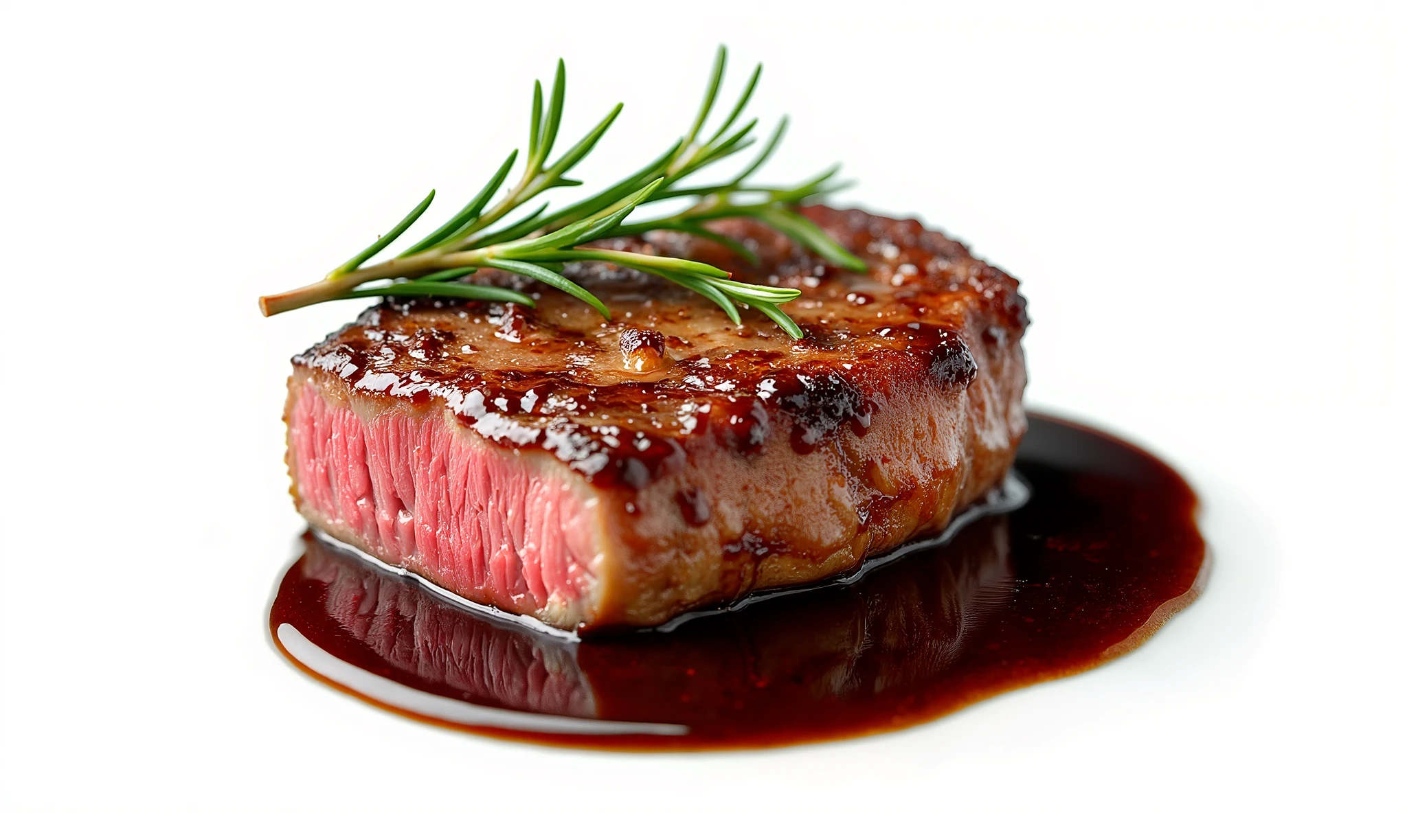 A highly detailed, high-resolution image of a perfectly cooked filet mignon steak, juicy and appetizing, with a golden-brown crust on the outside and a tender, medium-rare interior. The steak is garnished with fresh rosemary and a drizzle of rich brown sauce. The background is either completely white. There is no dish in the image. Masterpiece quality, ultra-HD, realistic and visually appealing details.