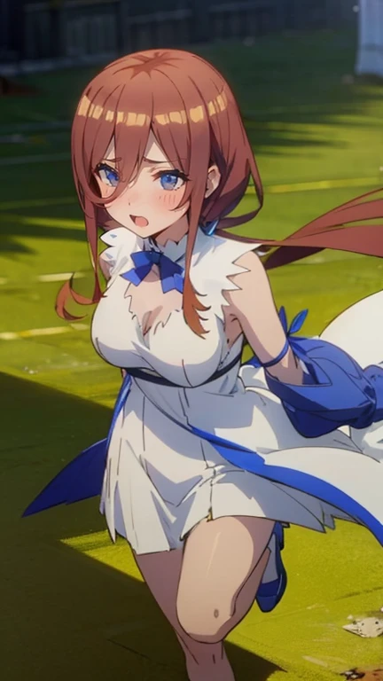 cute girl, miku nakano, nice body,  loose hair tilted to the left, with a white dress, with a blue ribbon running across her chest, ropa de hestia, vestido. 