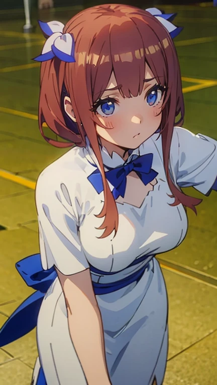 cute girl, miku nakano, nice body,  loose hair tilted to the left, with a white dress, with a blue ribbon running across her chest, ropa de hestia, vestido. 