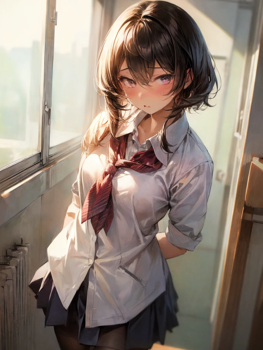 (masterpiece, highest quality:1.2)、(1 girl)、(high school uniform)、(School classroom)、(eyes half closed)、(lots of drool:1.3)、The body shakes violently、[:(detailed face:1.2):0.2] ,  ((Black very short hair)) ,  (black pantyhose),  arched back