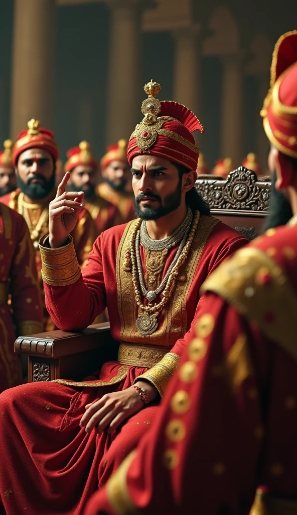 Maharana Pratap in a royal attire, seated on a grand throne in a palace, surrounded by his loyal courtiers. He has a calm and composed expression, embodying the dignity and honor of a true king. The throne room is adorned with intricate Rajasthani architecture, and a large map of Mewar is displayed behind him."