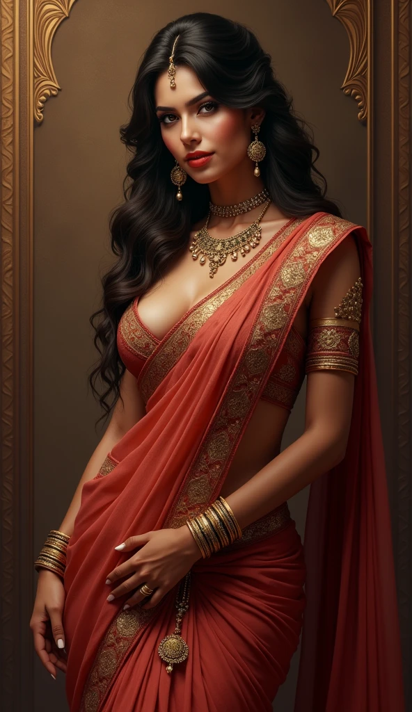 ((realistic:1.5)),((best quality)), ((masterpiece)),((detailed)), (1girl), Mouni Roy {a beautiful female, (upper body:1.3), smiling. dancing in a garden, back view. super-wide-angle lens,face focus, mature,sexy,long legs,curvy, barefoot, large breasts, skimpy loin cloth below, rear visible, wide hips, thin legs, brown eyes,long black hair,floating hair,long eyelashes, (detailed face,beautiful eye, detailed pupils, clear background:1.3), (Bindi,Jhumkas:1.3), (Armlet, Haar, Payal,Maang Tikka,Jhumkas,Kamarband,Bangles:1.3), ancient temple, large bells, best shadow,bright details,sharp,perfect composistion, Intricate, Sharp focus, dramatic, by Frank Frazetta,by Julie Bell,by Olivia De Berardinis,by Luis Royo,by boris vallejo
