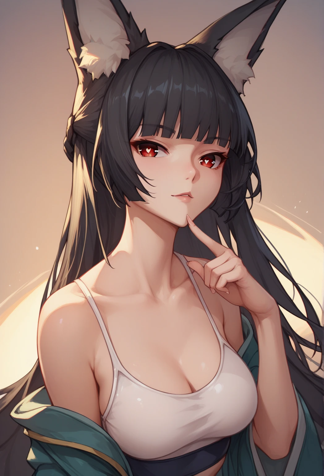 miyabihoshimi, miyabi hoshimi,animal ear fluff, animal ears, black hair, bright pupils, fox ears, fox girl, half updo, long hair, red eyes, sidelocks, white pupils,ero,swimsuit