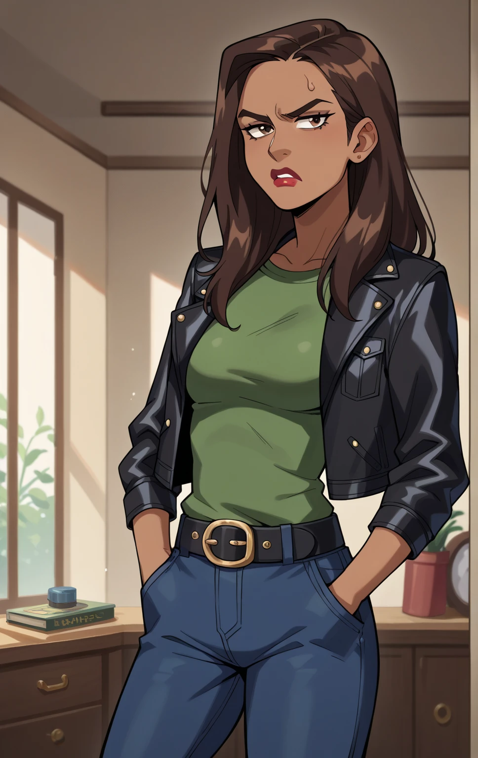 score_9,score_8_up,score_7_up BREAK WhiteTigerMarlo,1girl,solo,long hair,brown hair,brown eyes,belt,dark skin,dark-skinned female,lipstick, cowboy shot,room,room background, blue pants, black leather jacket over green shirt, annoyed exporession, hands in pockets 