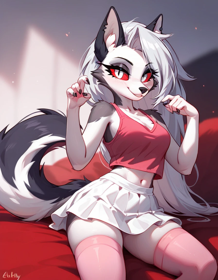 score_9,score_8_up,score_7_up, source_cartoon, source_furry, loona from helluva boss, hellhound, long white hair, pony tail, pink scrunchy, white eyes, red sclera, wearing pink tank top, white skirt, pink thigh high socks, smiling, cute pose