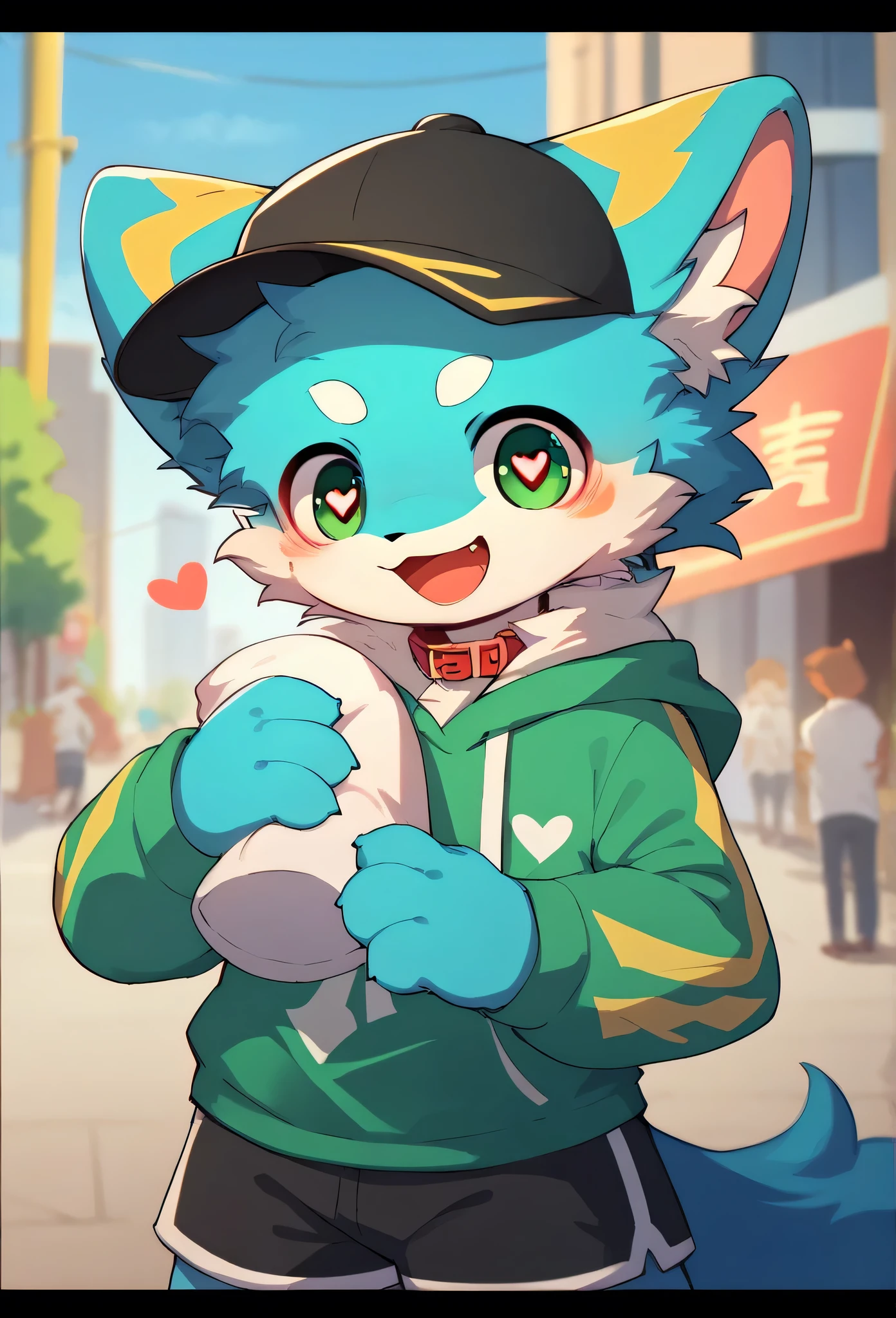   very detailedな,  very detailed,Look at Brown's fur ,brown,male, bones,Heart Eye,participate,Red collar, green white and colored hat ,  cute face,  LIKE A FLUFFY FURRY , excited,Horny boy,city,smile,, Stylish city,doll,Dropped ears,Beautiful City ,  my mental age   ,want,  blue fur black shorts,  sweatshirt  ,   Long Sleeve  ,trend,