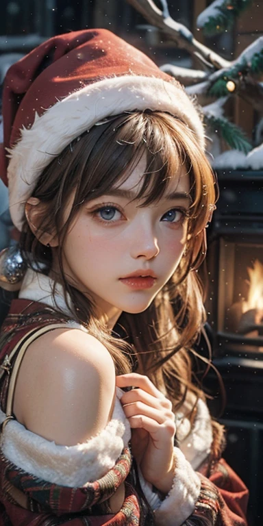 Red knitwear, turtleneck, red costume of Santa Claus, (open all buttons: 1.1), Santa Claus hat, smile, smile, big, big breasts, deep cleavage, chest hugging, top quality, masterpiece, illustration, very delicate and beautiful, very detailed, CG, 8K wallpaper, amazing, fine details, highly detailed CG, Unity, 8K wallpaper, Huge file size, very detailed, high resolution, well-groomed detail woman, very detailed big eyes and face, amazing detailed eyes, face light, (Best Illustration: 1.1), Ultra High Resolution, (Photoreal: 1.1), (Photoreal: 1.2:1.1), Realistic Face Proportions, Slender, Smile, (Makeup: 0.4), (Fluffy Pale Colored Eyes: 1.21), Light Colored Eyes, Round eyes, gaze to look at the beholder, dark brown hair, earrings, necklace, hairpin, (irregular irregular skin imperfections, veins, skin pores: 1.2), white background, (bokeh: 1.4), straight hair, very short hair, short bob hair, little bangs, gloss on skin, gloss on face, gloss on lips, gloss on chest, gloss on skin, smile, smiling, teeth, beautiful alignment, Long neck, big eyes, clear eyes, clear double eyelids, put out both ears, tremendously cute, overwhelming beauty, highlight in the eyes, chest closer, face forward, body facing the viewer, put your hand on the cheek, perfect and detailed and beautiful hand, perfect and detailed and beautiful fingers, precise number of arms, precise number of fingers, reach out to the camera