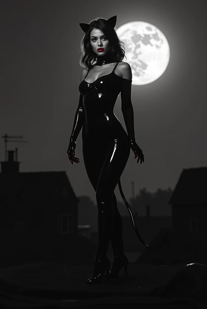 black and white image of a woman dressed as a sexy catwoman with red lipstick on a high roof of a house on a moonlit night 