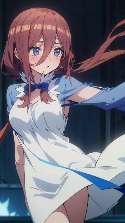 cute girl, miku nakano, nice body,  loose hair tilted to the left, with a white dress, with a blue ribbon running across her chest, ropa de hestia, vestido, sin fondo, fondo sin detalles. 