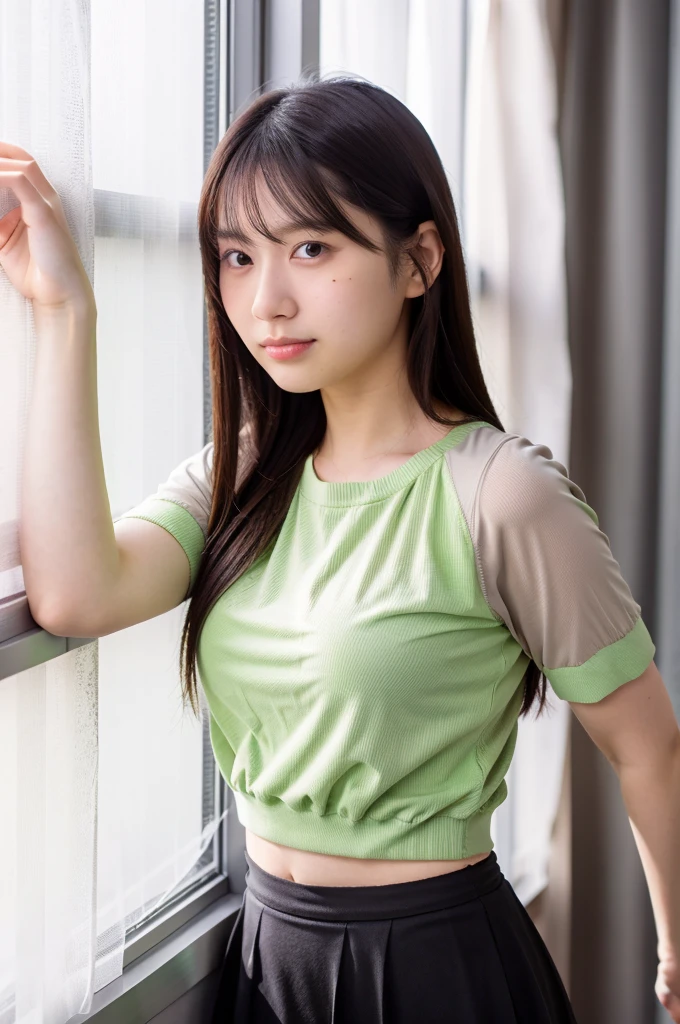 Open shirt, (((Leaning forward))), ((,Round face, Around 17 years old,mini skirt、loose tank top)), Long Hair, , Natural Makeup, Lips become thicker, Sexy Gaze, barefoot, ((Raise one leg)), Shooting from below,Gentle expression ,((Extremely precise and accurate anatomy)), (masterpiece:1.43), Perfect proportions, Realistic photos, Full Shot, whole body, (height: 165cm),