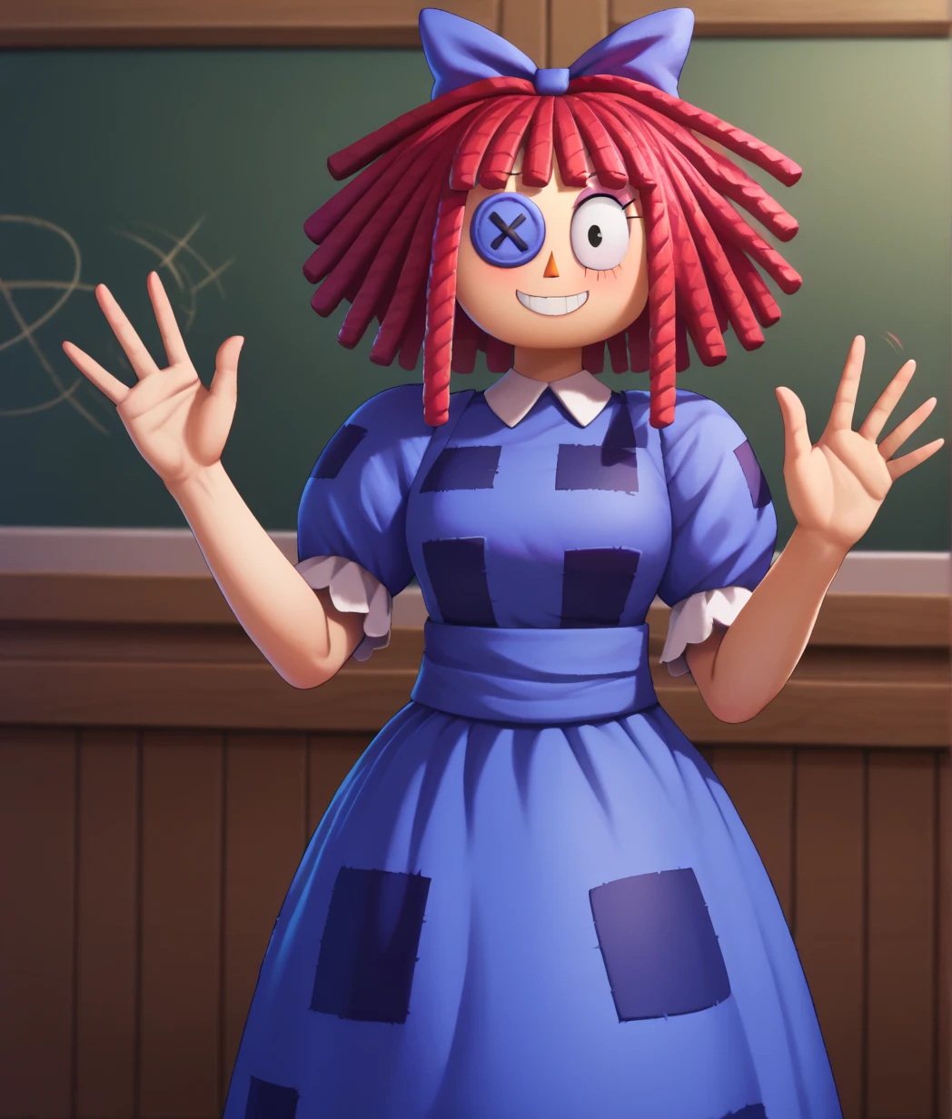 score_9, score_8_up, score_7_up, score_9,4k, HD, 8k, highres, antialiasing, detailed, texture, BREAK  ragathaSDXL, 1girl, solo, looking at viewer, black eyes,  dress, bow, short sleeves, hair bow, red hair, rag doll, puffy sleeves, signature,red noise, medium hair,  puffy short sleeves,  blue dress, eyepatch, purple dress, purple bow, cowboy shot, waving, smile