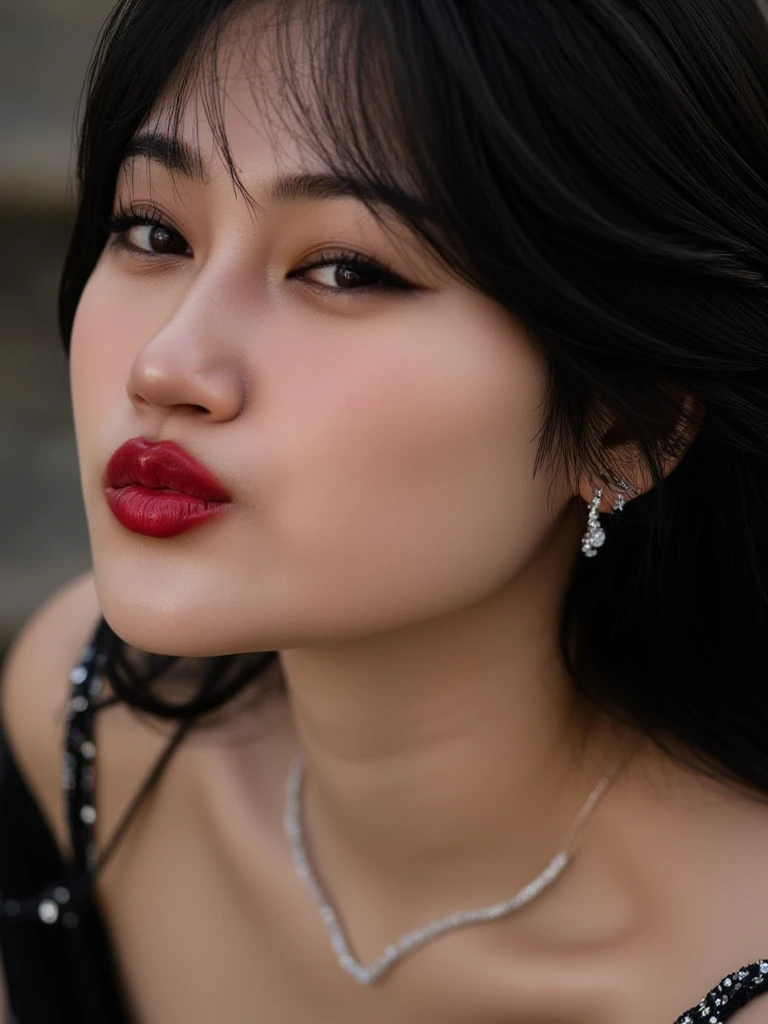 1girl, solo, jewelry, black hair, necklace, makeup, earrings, eyeshadow, mole, red eyes. pout. close up