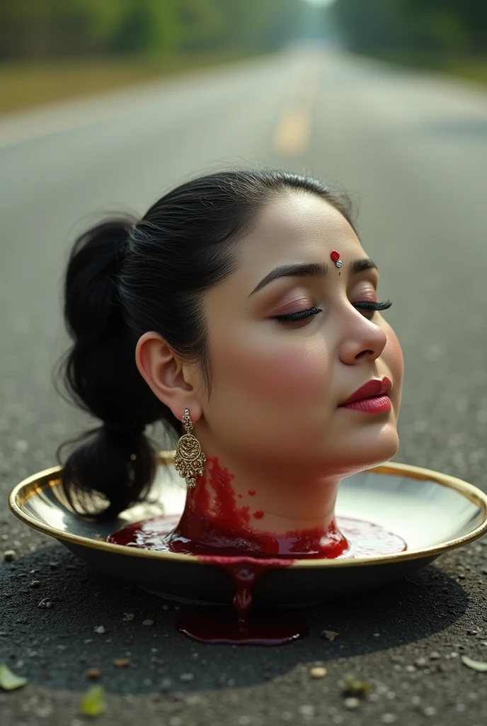 Beautiful Chubby Actress's amputated head put on platter on road. Few blood spots around the neck. Amputated head has dark pony tail hair style, bindi on forehead precisely between eye brows, eyes closed, mouth sightly apart, wearing ear ring, tiny nose ring, and wearing natural makeup. Amputated head showcasing full detail of realistic face and there in no hint of a smile that makes her appear as though she is simply lost in thought rather than lifeless. there is day light.