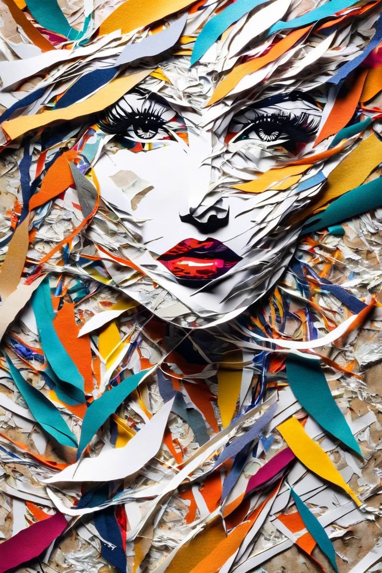 Create creative abstract art, Like a collage, Shredded paper, The woman with the face is inspired by the artwork of Moebius.