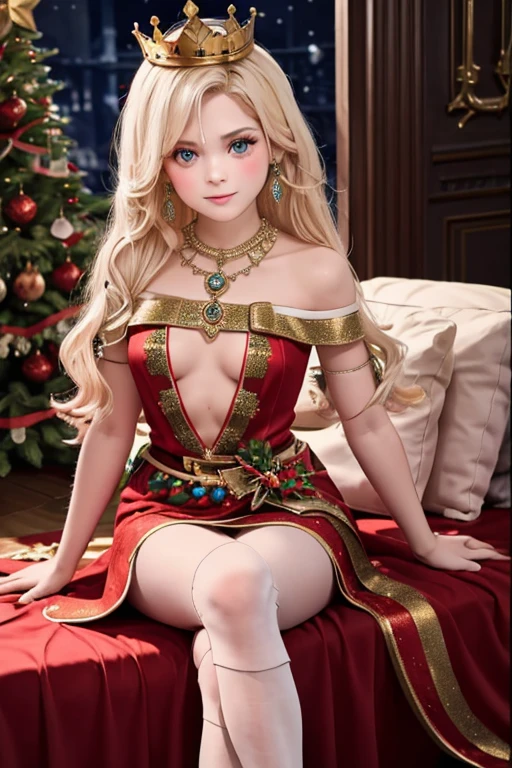 A fantasy-style queen with long curly platinum blonde hair, wearing a golden crown adorned with red and blue jewels. She has an elegant and festive appearance, dressed in a vibrant gown featuring blue, red, and gold colors with intricate decorations such as red beads and golden shoulder armor. The background showcases a festive Christmas tree adorned with ornaments and warm lighting, creating a magical holiday atmosphere. The character's expression is regal and graceful, with a soft yet confident demeanor.