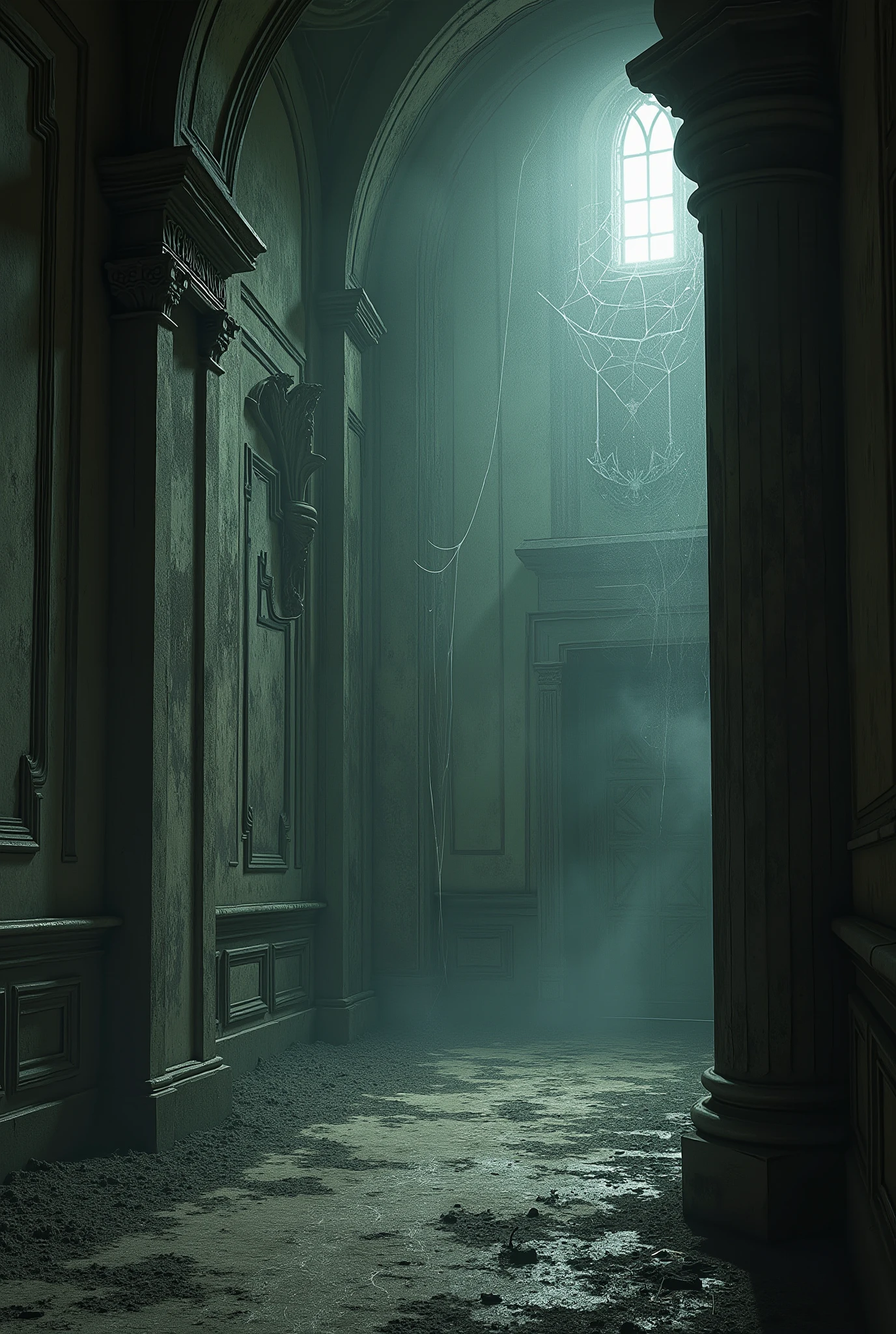 ((masterpiece)),((best quality)),8k,high detailed,ultra-detailed,Digital artwork, thriller, desperate escape, unsettling::2 mood, twisted corridor, swirling gray mist, steps sinking into swamp-like heaviness, pursuer's breath echoing in eerie silence, heart's rapid rhythm, engulfed by profound::3 fear, corridor consuming soul's essence, oppressive darkness::2, palpable terror, tense::2 ambiance. Digital painting with fine details, dim lighting::2, shadows and highlights, cinematic composition::2