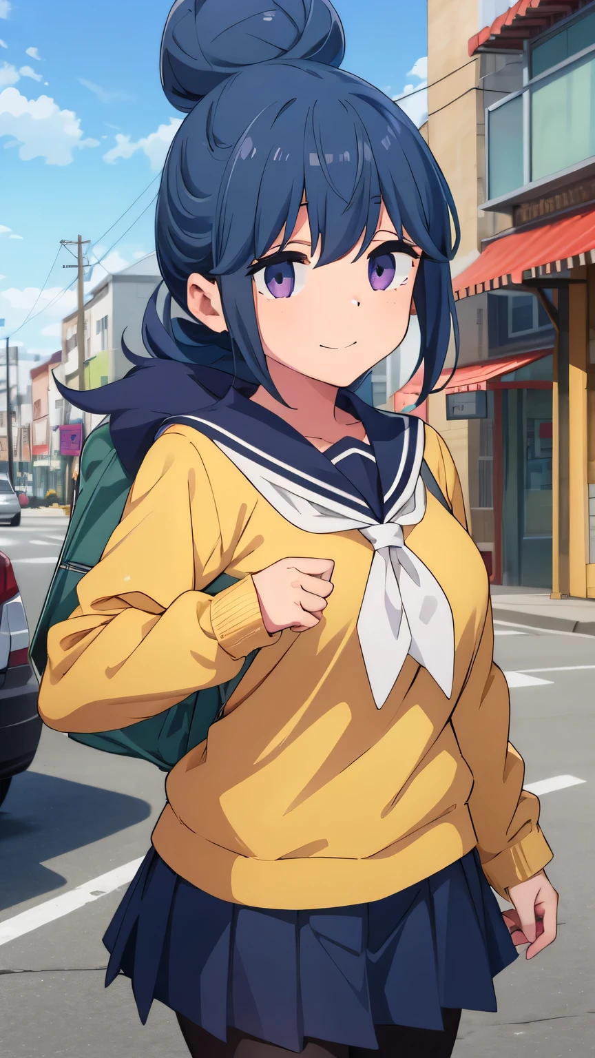 {{{masterpiece}}}, (best quality:1.5), (ultra-detailed:1.5), {illustration}, {{an extremely delicate and beautiful}}, (beautiful detailed eyes:1.6), absurdres, highres, extremely detailed face, 16k, hd, visual anime de uma jovem mulher, extremamente bonito rosto de anime, anime melhor garota, (perfect hands, perfect anatomy), anime face, shimarin (Yuru Camp), 1girl, solo, cute face, blue hair, single hair bun, bangs, round face, big eyes, purple eyes, (High resolution eyes, Beautiful eyes, Light in the eyes), sidelocks, short of a person, medium breasts, big hips, curvaceous, BREAK, {motosu school uniform}, yellow sweater, tuck out, long sleeve, sailor collar, white neckerchief, blue skirt, mini pleated skirt, diagonal check skirt, black pantyhose, BREAK, smiling, flushed cheeks, walking, looking at viewer, outdoor, city, building, sky, daytime, cowboy shot