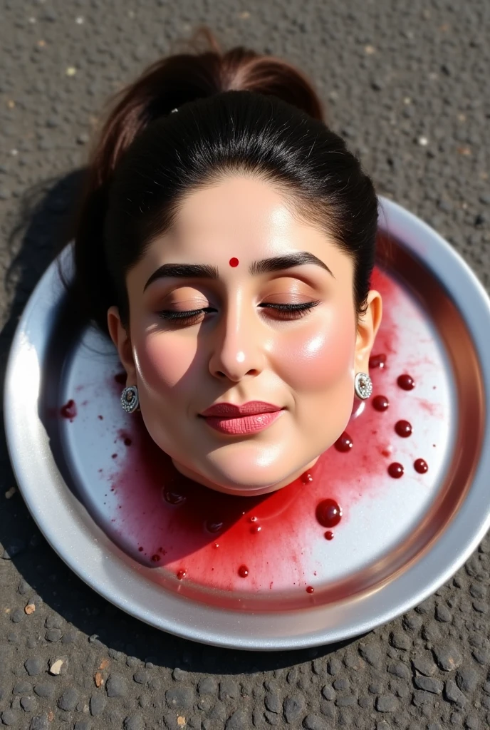 Beautiful Chubby KareenaKapoorFlux Actress's amputated head put on platter on road. Few blood spots around the neck. Amputated head has dark pony tail hair style, bindi on forehead precisely between eye brows, eyes closed, mouth sightly apart, wearing ear ring, tiny nose ring, and wearing natural makeup. Amputated head showcasing full detail of realistic face and there in no hint of a smile that makes her appear as though she is simply lost in thought rather than lifeless. there is day light.