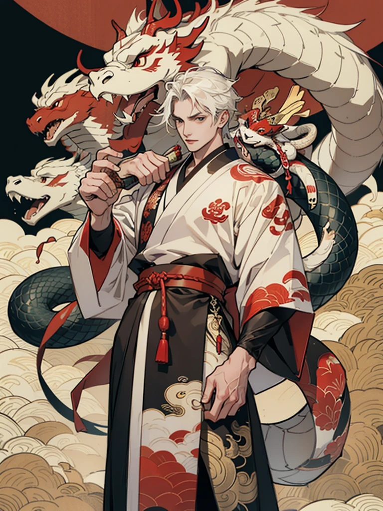 Happy New Year illustration, snake and man, red and white, auspicious, Japanese style,