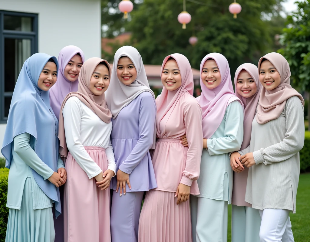 6 Bridesmaids wear dusty blue baju kurung and white hijabs