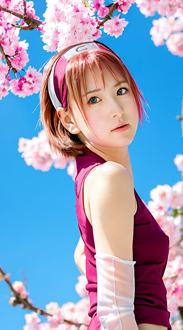 haruno sakura, naruto \(series\), naruto shippuuden, anime art style, masterpiece, naked, short hair, forehead protector, hairband, konohagakure symbol on hairband, 1girl, solo, bangs, Looking at the Audience, closed mouth, elbow sleeve, eyes visible through hair, floating hair, foreshortening, green eyes, hair intakes, parted bangs, pink hair, medium breasts, v-shaped eyebrows, detailed background, outdoor, cherry blossoms, sky, (ultra detailed), (8k, intricate), (85mm), light particles, lighting, full body, (highly detailed:1.2), breast focus, (gradients), sfw, colorful, (detailed background), (rule of third_composition:1.3), (Line of action:1.2), daylight, solo, sexy posing