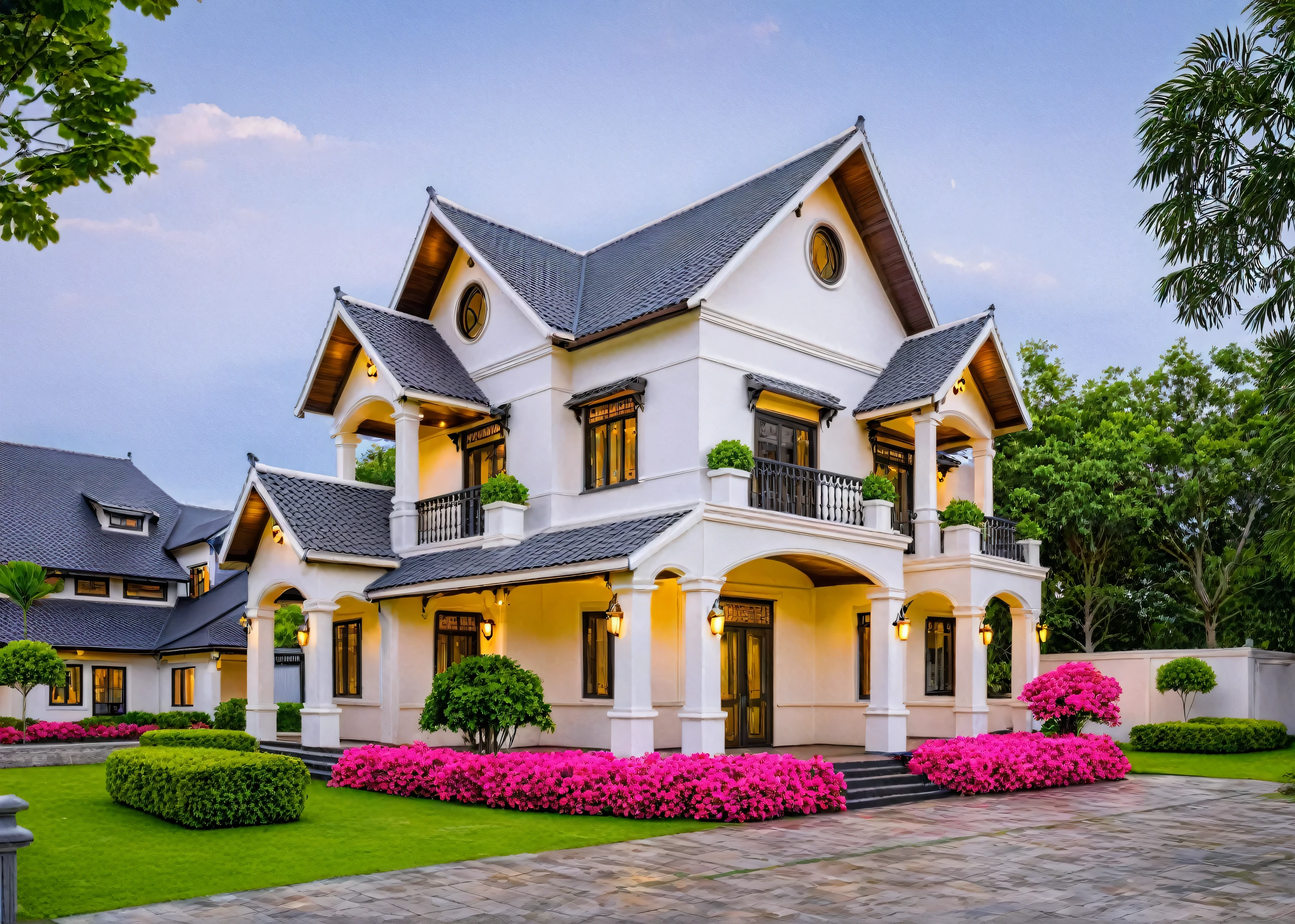 Raw photo,Masterpiece, high quality, best quality, authentic, super detail, exterior, outdoors, house style indochine, Many bougainvilleas along the road ,aiaigroup road,pavement, grass, trees, sky, cloud, (day:1.1), vivid colour