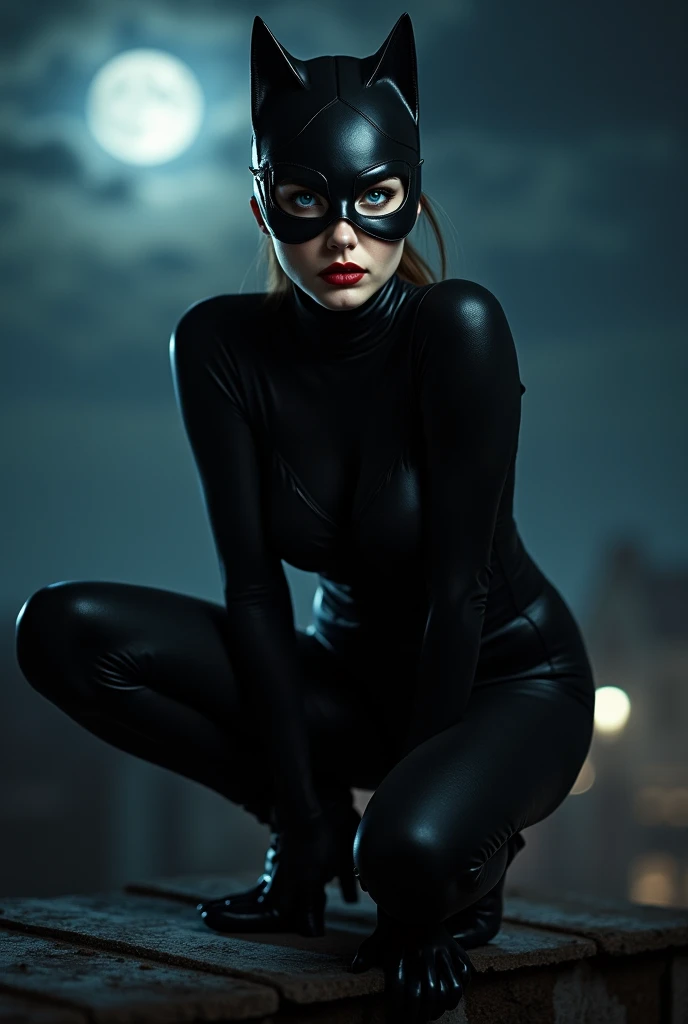  black and white image of a woman dressed as a catwoman and wearing a sensual mask with bright red lipstick crouched on a high roof of a house at night with moonlight and one arm behind her back and the other touching the roof, SHE IS IN ATTACK POSITION, bright bright blue eyes ,  cinematic quality