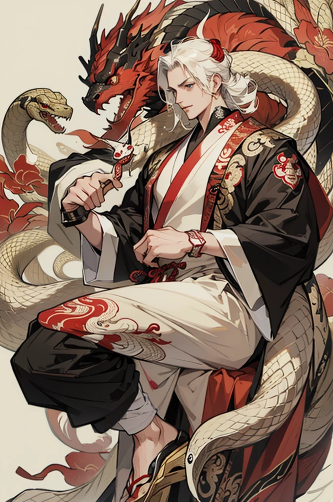 Happy New Year illustration, snake and man, red and white, auspicious, Japanese style,