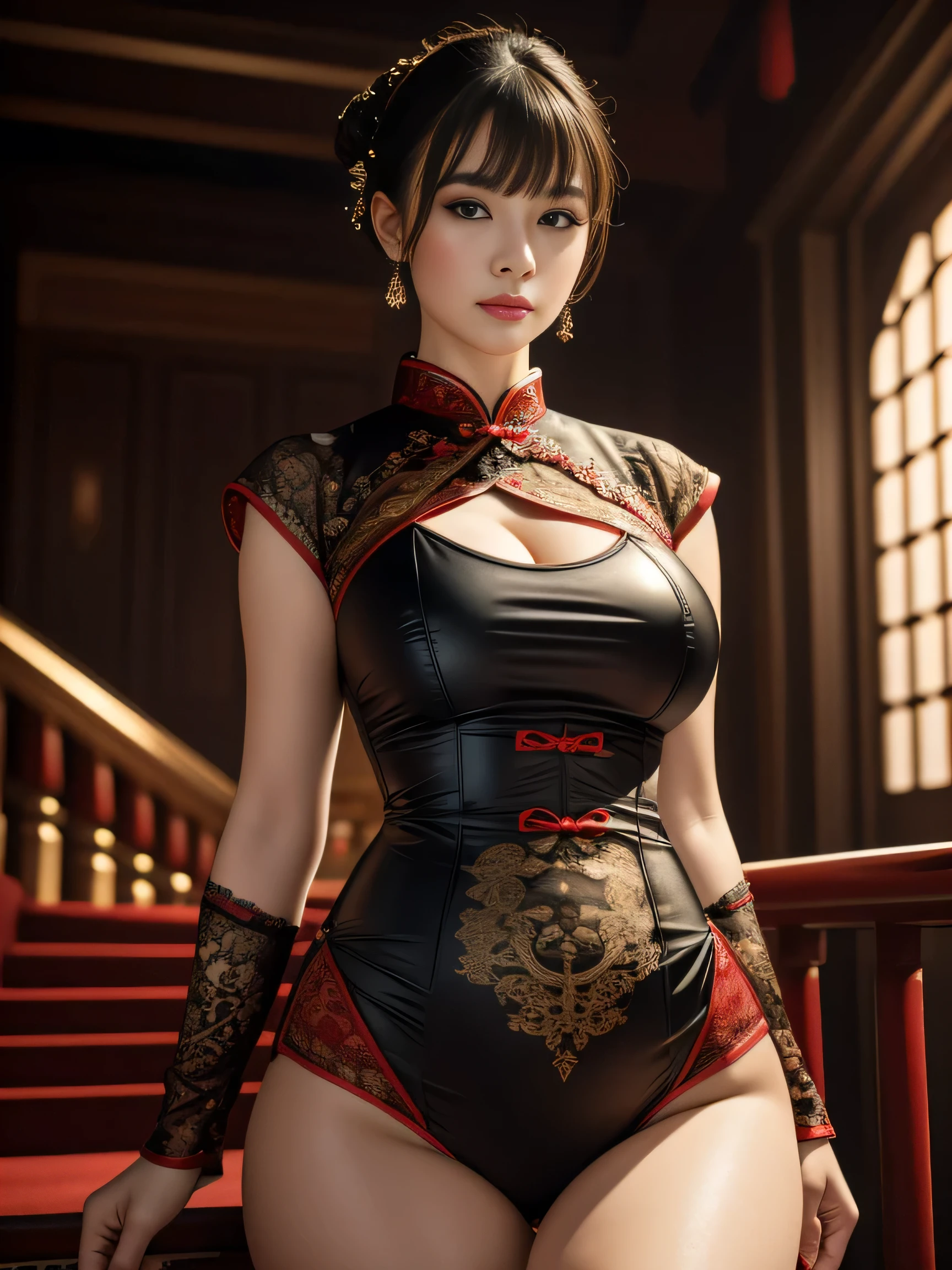 8K-quality, UHD, RAW-photo, Realistic, HDR, Subject is in the center of the frame, (Looking at the viewer:1.3), Absolute masterpiece,
Elaborate cheongsam that is depicted in ultra detail, From head to thighs, Indoors, BDSM-room, Stairs, Part of the wall is made of iron Fence,
Highest-quality, Ultra High Definition, Photo realistic, High Dynamic Range,
Huge breasts, Make-up, Lip-make up, Glossy skin, Bangs, Updo for short, Very beautiful woman